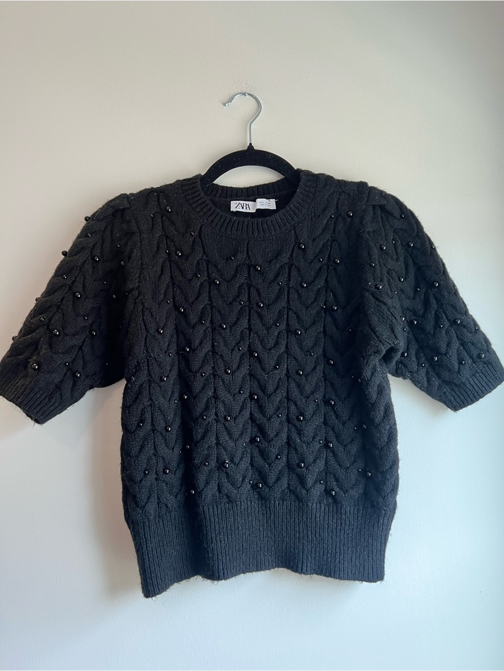 Zara Black Beaded Cable-Knit Short-Sleeve Sweater